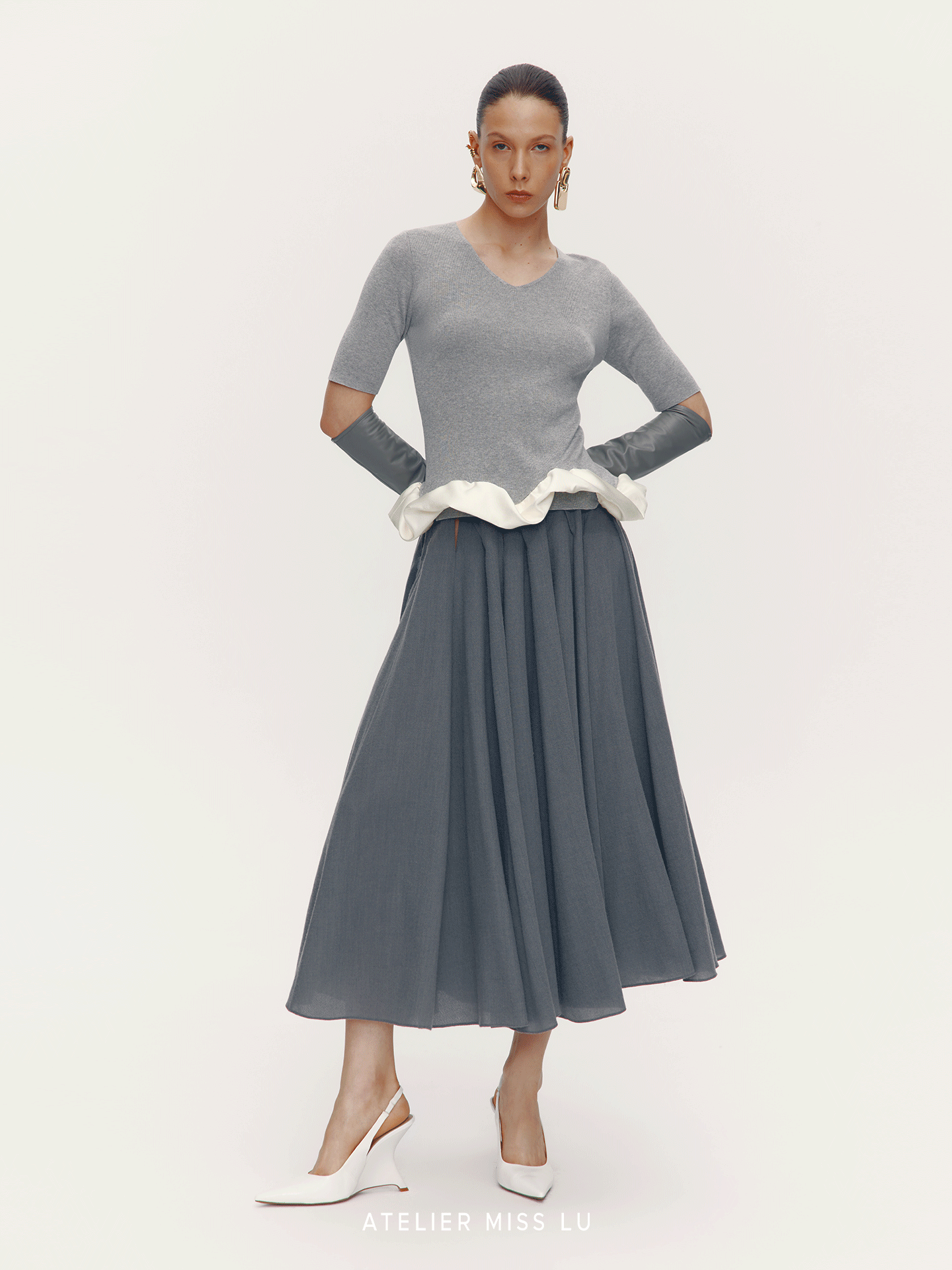 ATELIER MISS LU [Ferris Wheel Shimmer] Waist Cutout Sheep Wool Blend Skirt - LOVER.
