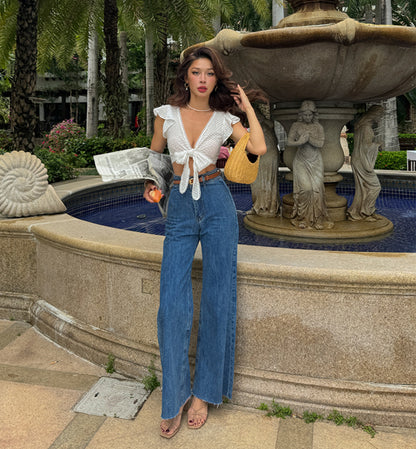 Le Palais Vintage embroidery cotton wrap short top + high-waisted bud skirt-TEE