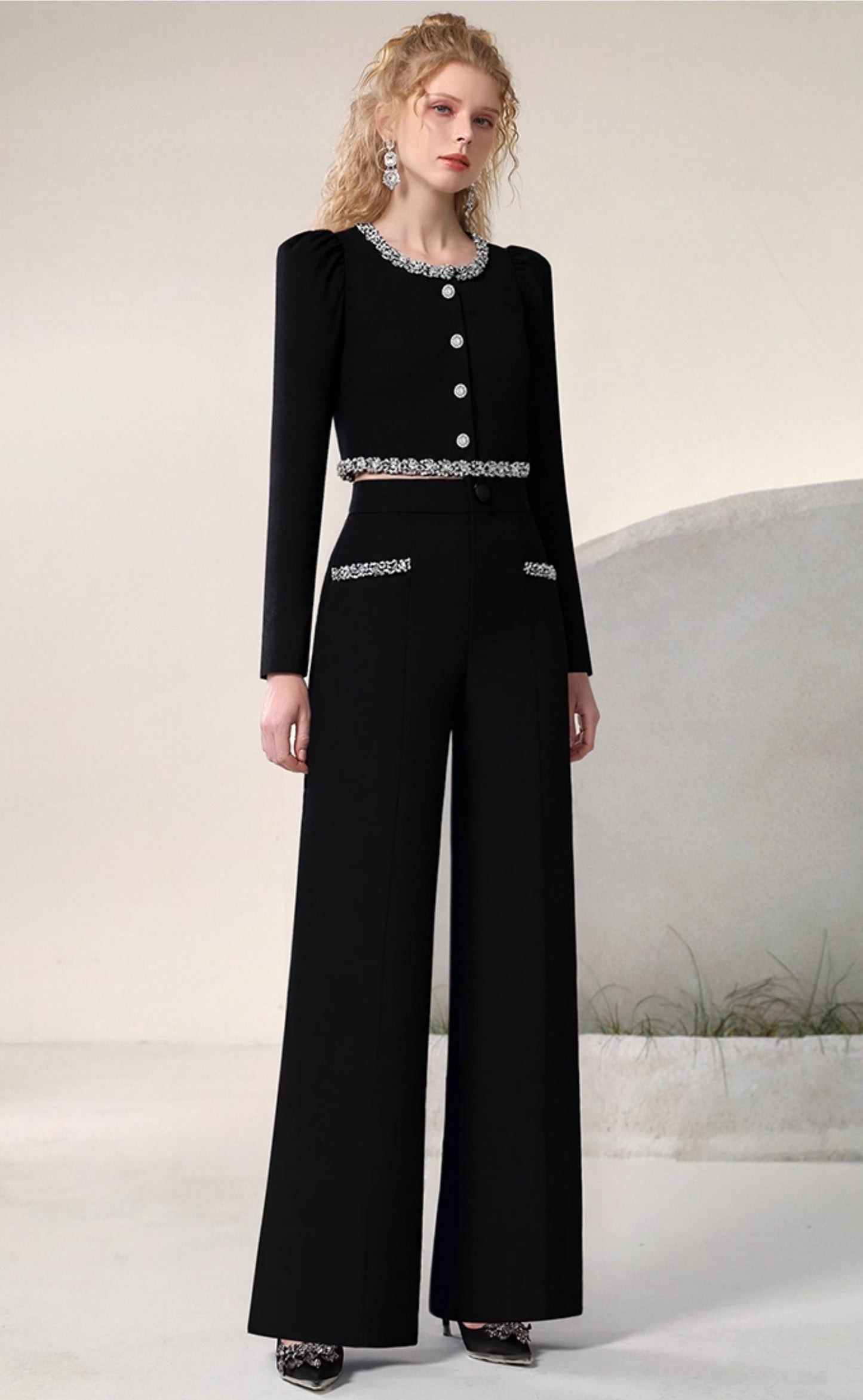 CHECOCRE celebrity style suit fashion diamond chain top high-waisted straight-leg pants - ECHO.