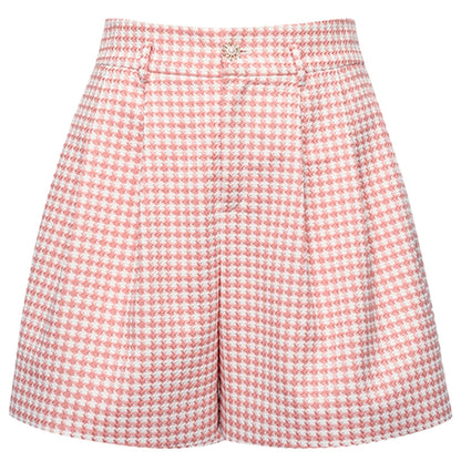 YES BY YESIR simple houndstooth pinkl checkered  high-waisted shorts-Aika