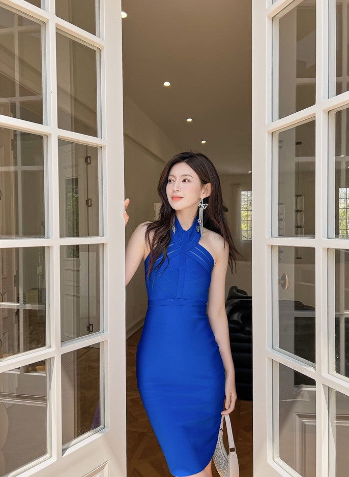 DOLLY Luxury Off Shoulder Halter Neck Bandage Midi Dinner Date Dress-OLAH