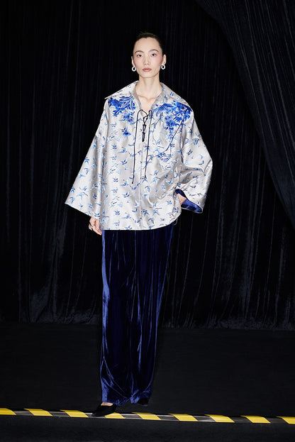 M essential Mackay designer butterfly jacquard blue vine butterfly embroidered top - WIND.