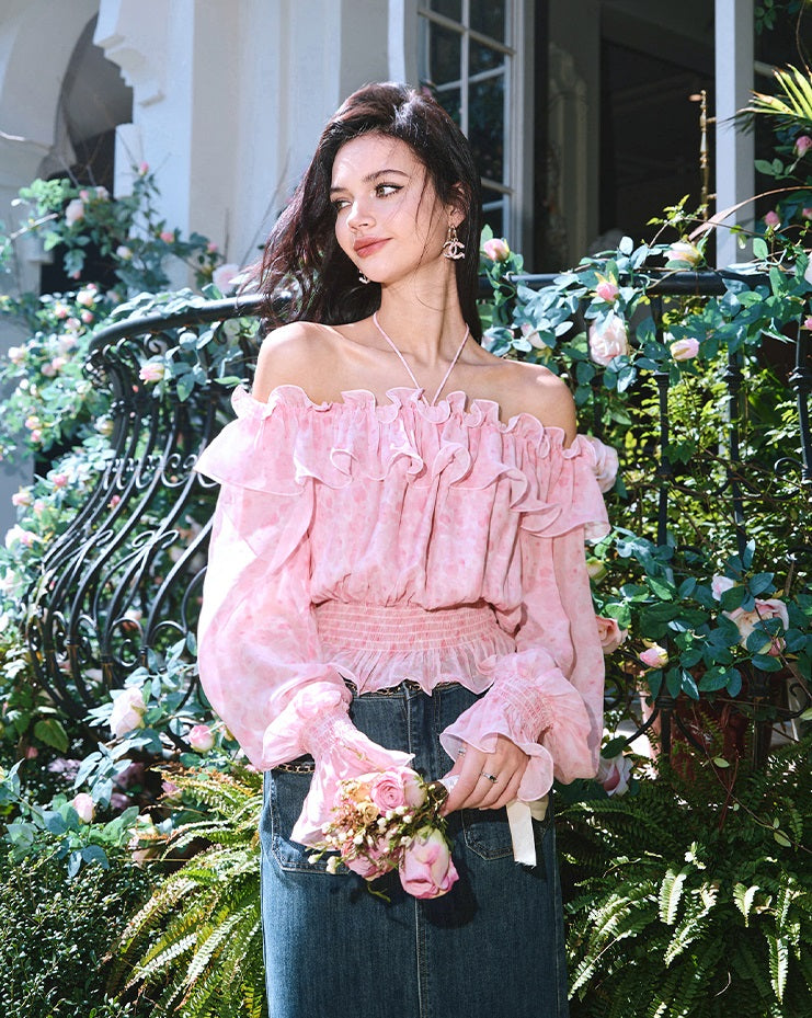 CHICHY French beautiful one-line collar long sleeve super fairy floral shirt-KIM
