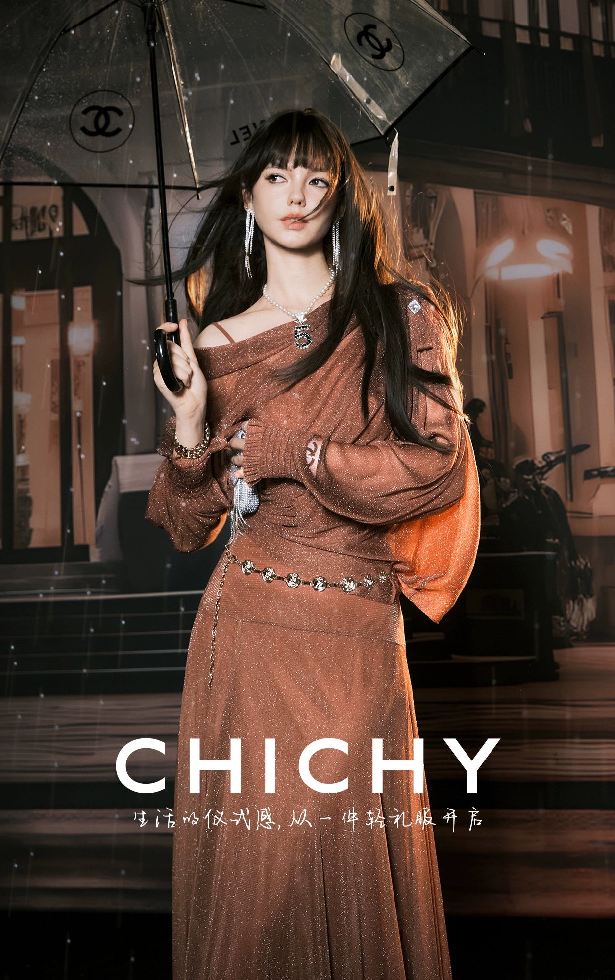 CHICHY design slanted shoulder mesh shirt long skirt three-piece-LIEN