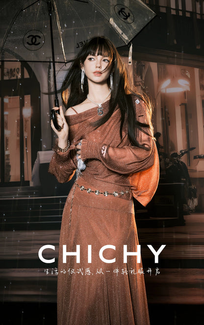 CHICHY design slanted shoulder mesh shirt long skirt three-piece-LIEN