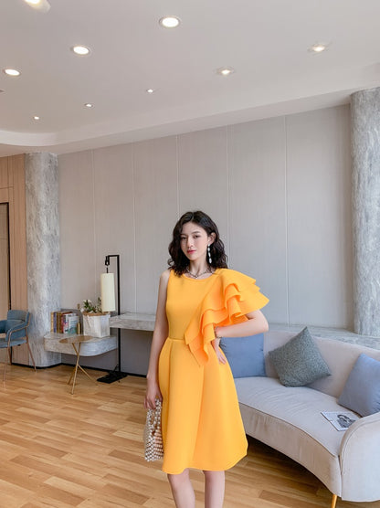 DOLLY Luxury Retro Style Crew Neck One Shoulder Ruffle Sleeves Midi Office Dress-CLAUDI