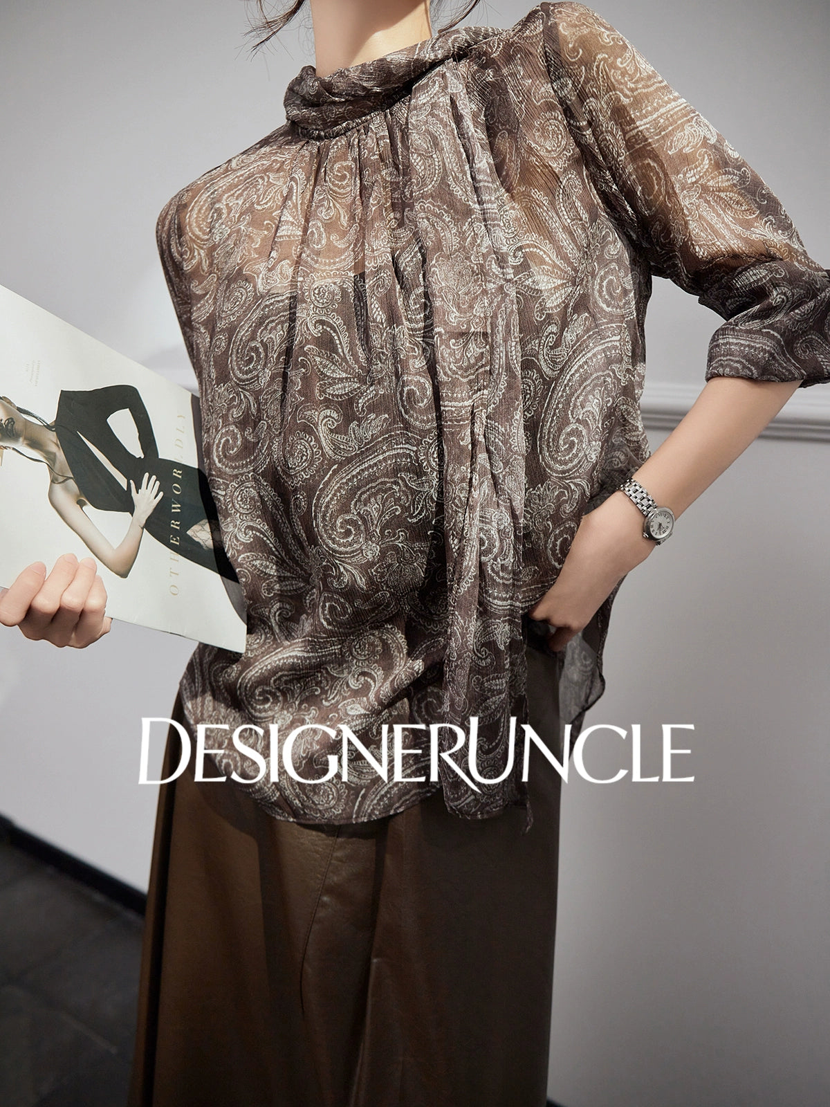 DGU "Suhui" retro printed long-sleeved loose high-end commuter top - PIRATE.