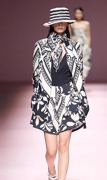 COMME MOI printed tassel black and white print waist suit  - AURORA.