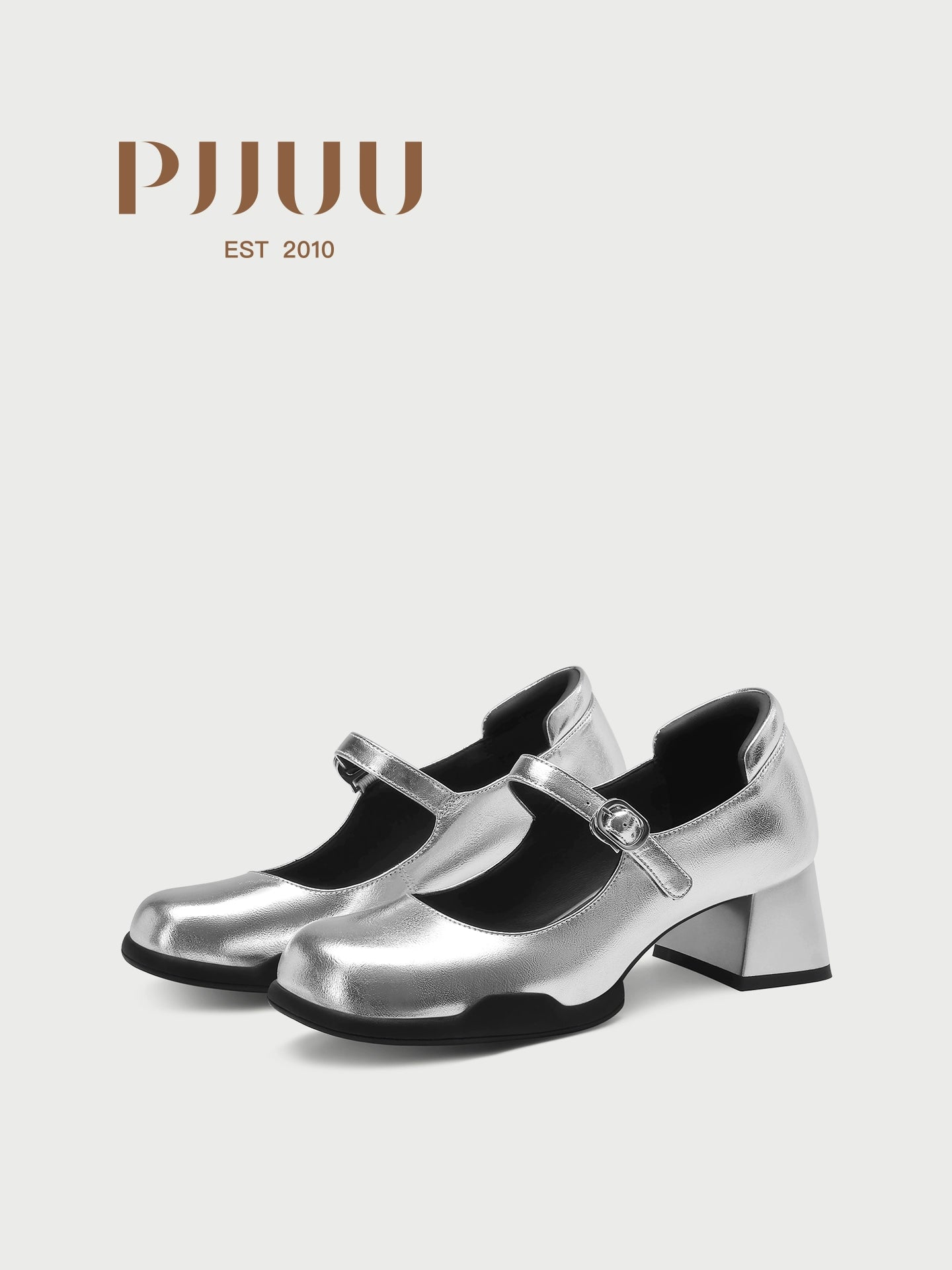 PJJUU square toe mary jane silver shallow mouth thick heel shoes- ANTONIO.