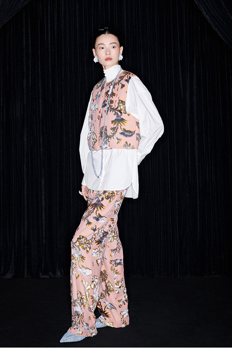 M essential Mackay designer blue velvet atelier beaded down vest - Nami.