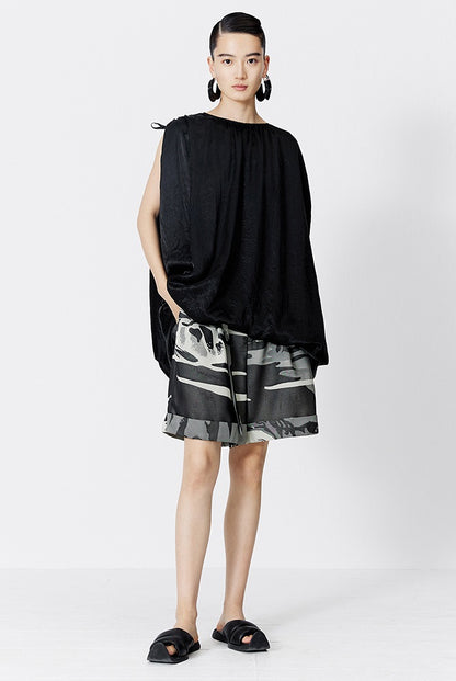 ZHUCHONGYUN Black Fiber Satin Adjustable Lace-up Loose Top--UNAKA.