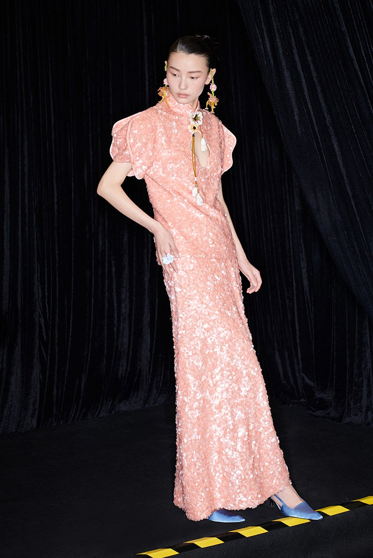 M essential Mackay designer label orange embroidered stand-up collar frame structure slim top - DEMI.