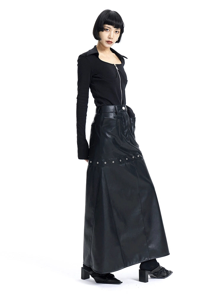 TINY IN High Waist Leather Panelled Fishtail Black Skirt-RIHA