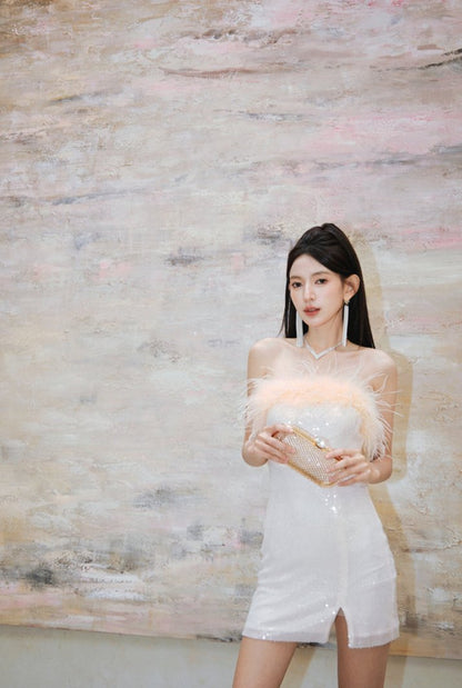 DOLLY High End Off White Feather Tube Top Sequin Short Slit Party Dress-PANTI