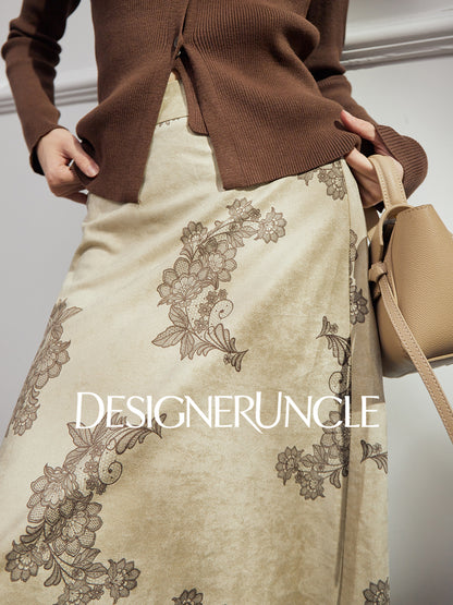 DGU "Mo Man" khaki green autumn new retro print high-waisted design skirt - MANE.