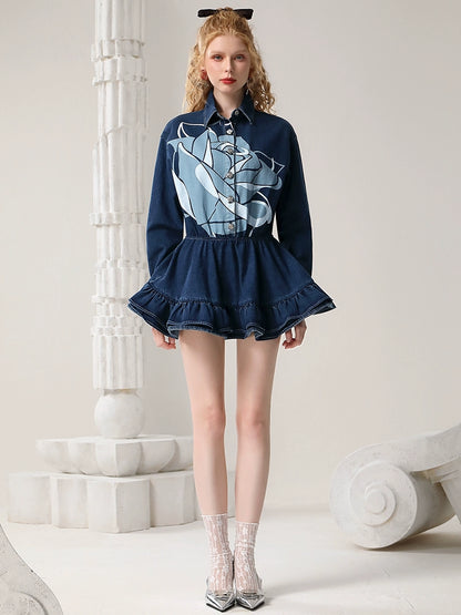 CHECOCRE Elegant Stubble Rose Print American Retro Denim Mini Dress - BETHANY