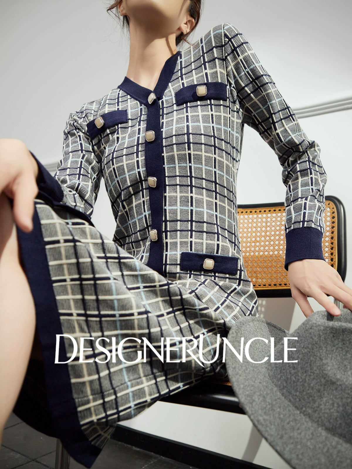 DGU "Lanzhi" royal blue new plaid slimming and versatile long-sleeved skirt - Noah.