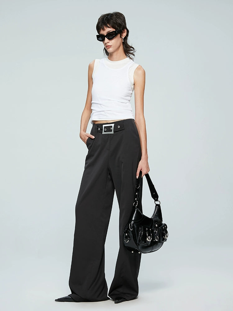 ANNAKIKI Niche Designer Japanese Button Interspersed Belt Wide-leg Pants-NEFA