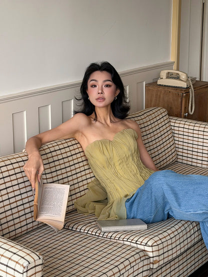 MEI SANGUAN French Retro Pleated Strapless Top - JAYDEN