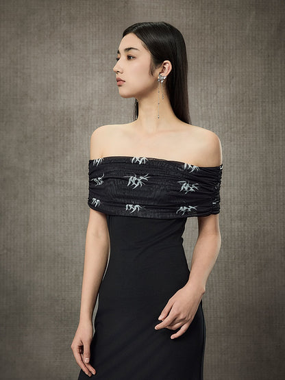 HECO Pleated One-Shoulder Bardot Temperament Midi Dress  - BELIEVE.