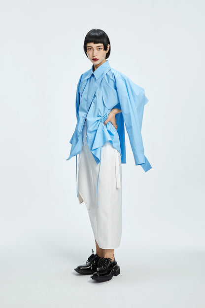 TINY IN  two irregular drawstrings waist cinching blue white shirts-DANTE
