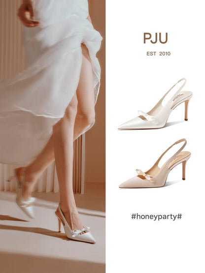 PJJUU white satin pointed toe sling high heels - DISS.
