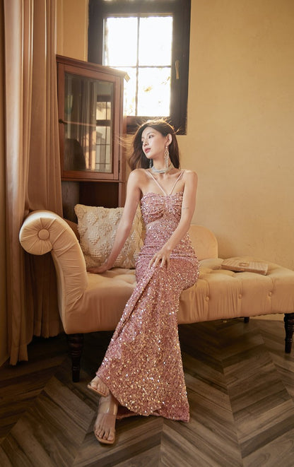 DOLLY Elegant Sequined Hollow Halter Neck Long Evening Dress-OLIVE