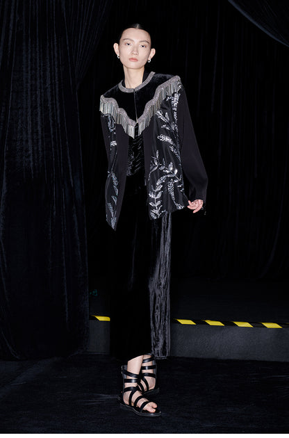 M essential Mackay designer silk-velvet crewneck tassel cape blazer dress set-  Benny.