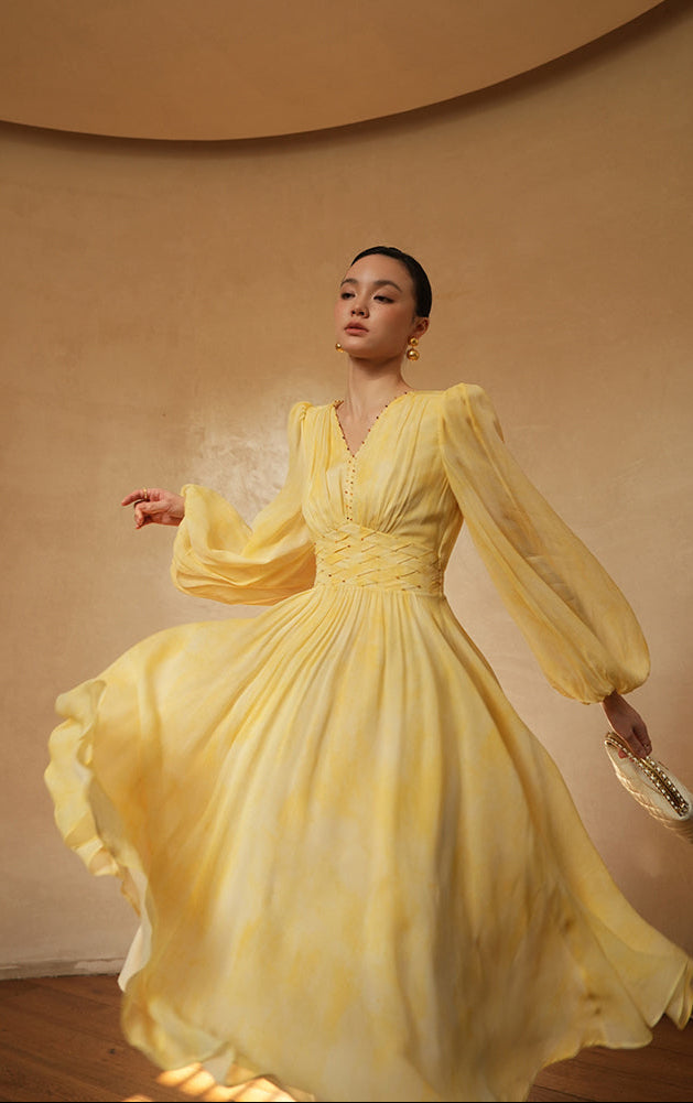 LE VENT&TES AILES 100% Silk French Haute Smudge V-Neck midi yellow Dress - FAYE