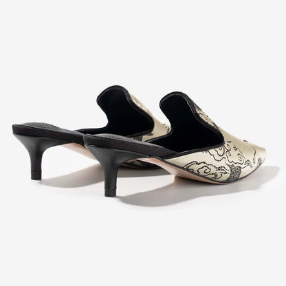 B-FEI Chinese dragon pattern embroidered kitten heel mules-JOER.