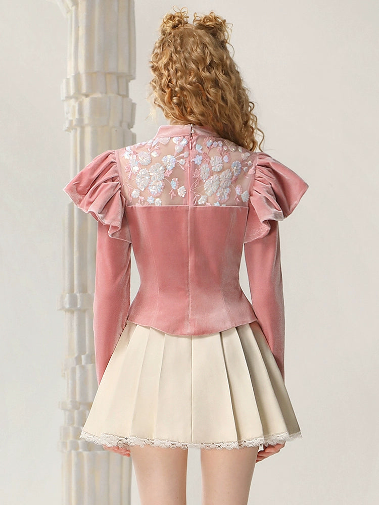 CHECOCRE Classy Winter Palace Style Retro Sequin Stitching Pink Peplum Top - SARAH.