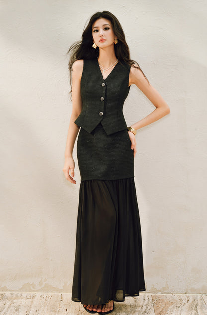 WANGXO |Light Georgette V-Neck Vest & Flowing  Skirt Suit Set-RINA