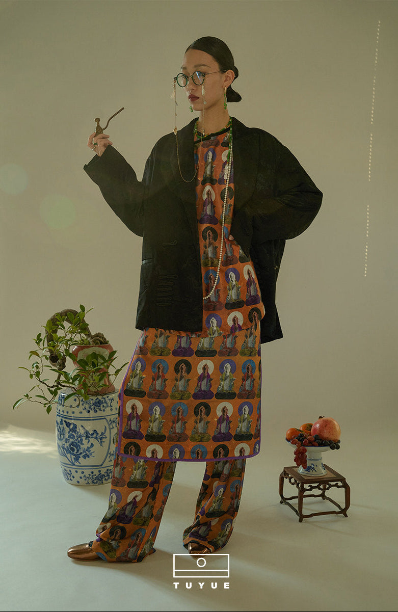 TUYUE Dunhuang Mural Print Side Slit H-shaped skirt- CHRIS.