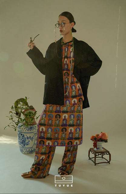 TUYUE Dunhuang Mural Print Side Slit H-shaped skirt- CHRIS.