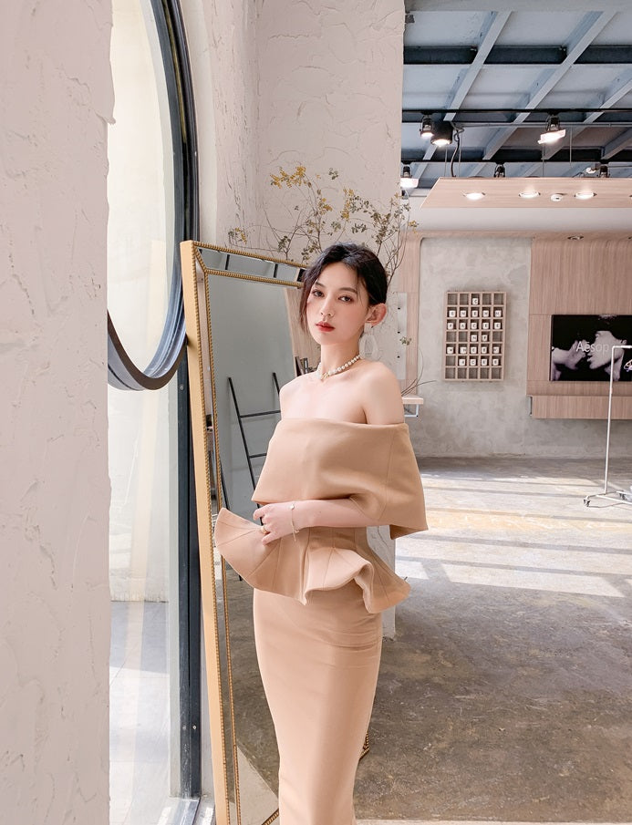 DOLLY High End Off Shoulder Peplum Tube Top Slim Fit Wedding Guest Dress-HANS