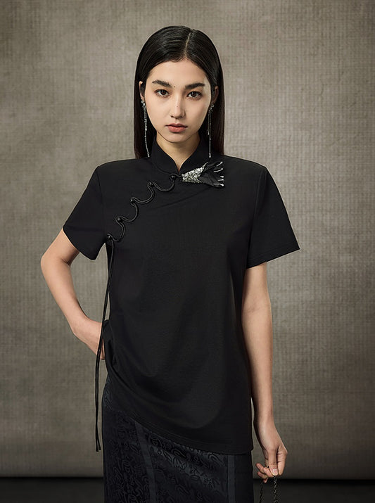 HECO Summer Handmade Orchid Winding Mandarin Neckline Short Sleeve Top - FLIGHT.