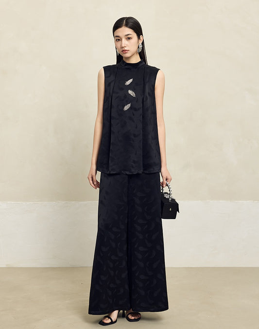 HECO Feather Jacquard Wide-leg Slacks Drape High-waisted Women - PRUDE