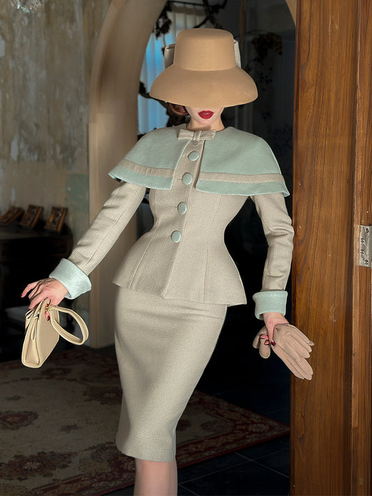 Le Palais Vintage Elegant long sleeves slim fit shawl collar coat + Hepburn  corporate suit dress-Lara