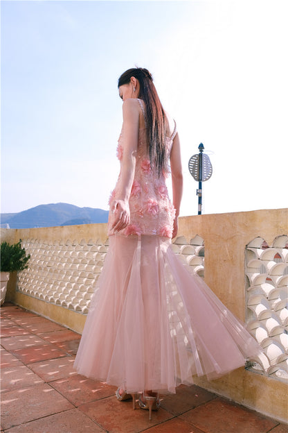 Wardrobes by Chen High End Pink Sleeveless Flower applique Sequin Dress-Bena