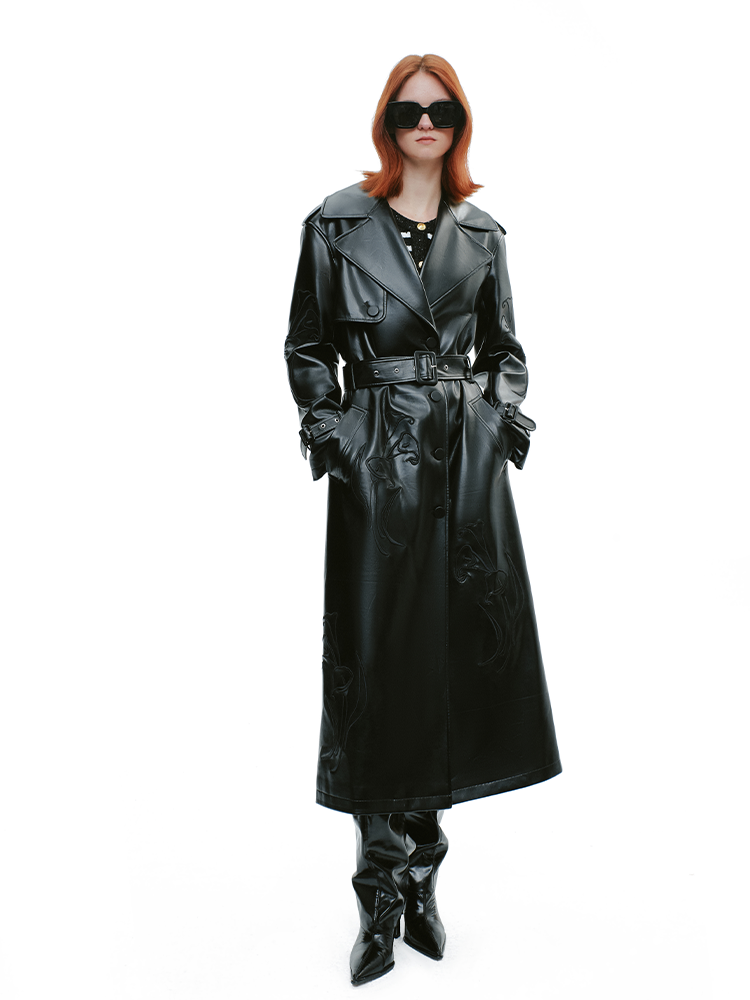 YES BY YESIR calla lily black Monroe long leather trench coat - FEEL.