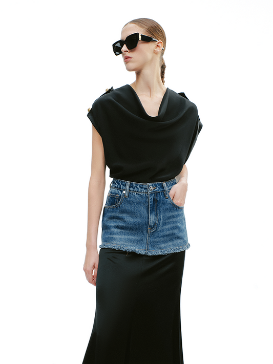 YES BY YESIR | Military Swing Neck Chiffon Shirt -ELISARA.