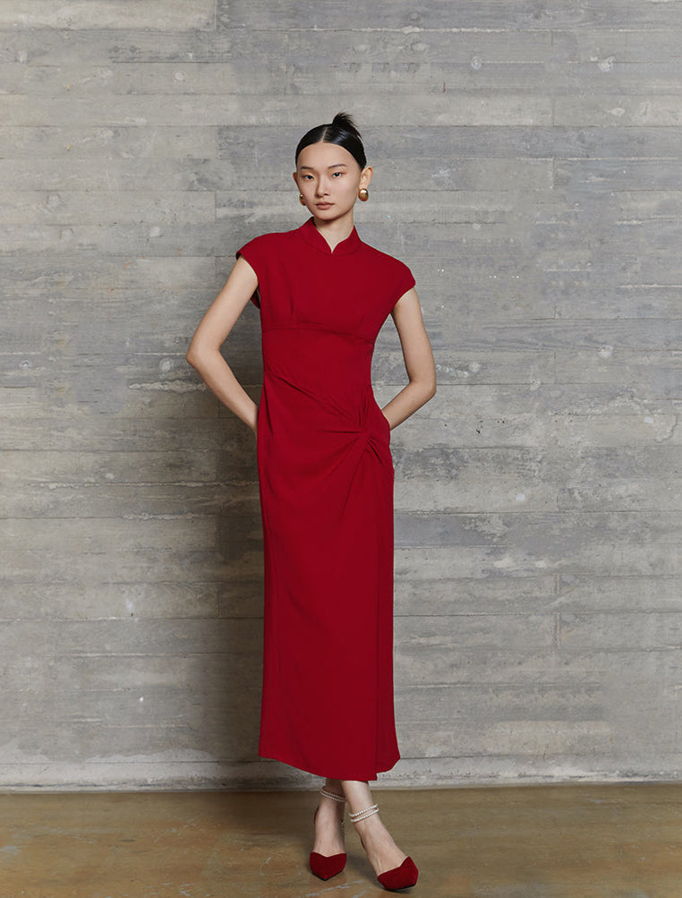 HECO acetate elegant red modified cheongsam dress women - leave.