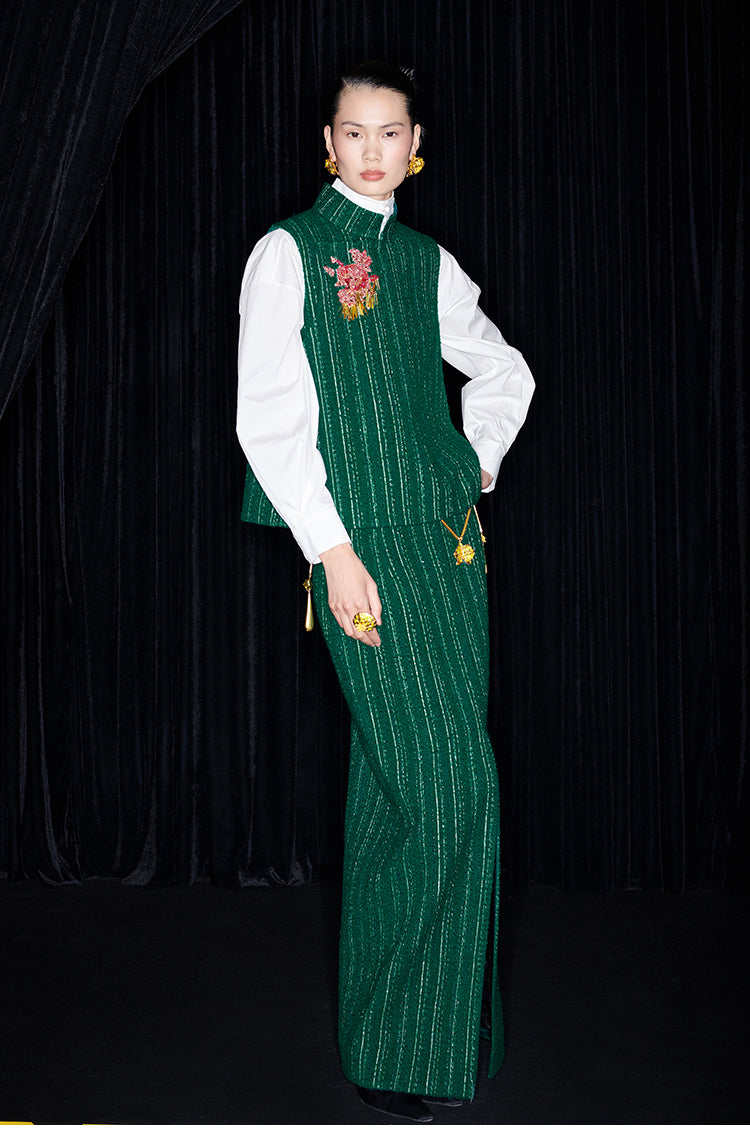 M essential Mackay designer rose beads placket green vest pencil skirt - Biba.