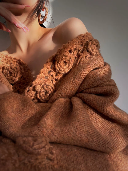 Aconiconi Luxury Loose V-Neck Long Sleeve Crochet Sweater - Camellia in the Fields