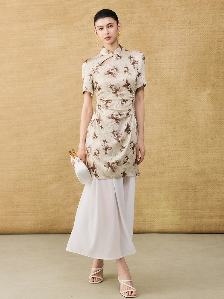 HECO Chinese Style Stand Collar Cut-out Pleated Short Cheongsam Dress - BIRD.