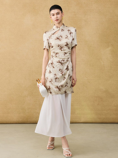 HECO Chinese Style Stand Collar Cut-out Pleated Short Cheongsam Dress - BIRD.