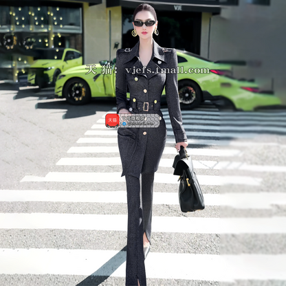 VJE slim trench coat jacket micro flared pants two-piece outfit set-YAN.