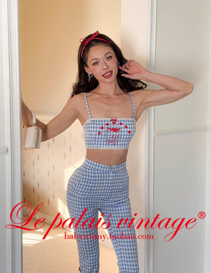 Le Palais Vintage French  Blue  Shorts Red Slim Cardigan- ELFS.