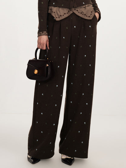 FAME Turn-Up Waist Vintage Check Trim Embroidered Pants - MACY.