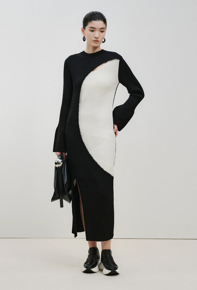 ZHUCHONGYUN Color Blocking Design Long Skirt Knitted Dress-STAN.